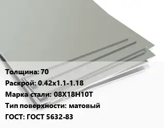 Лист нержавеющий 70 0.42х1.1-1.18 Сталь: 08Х18Н10Т Тип:матовый ГОСТ 5632-83